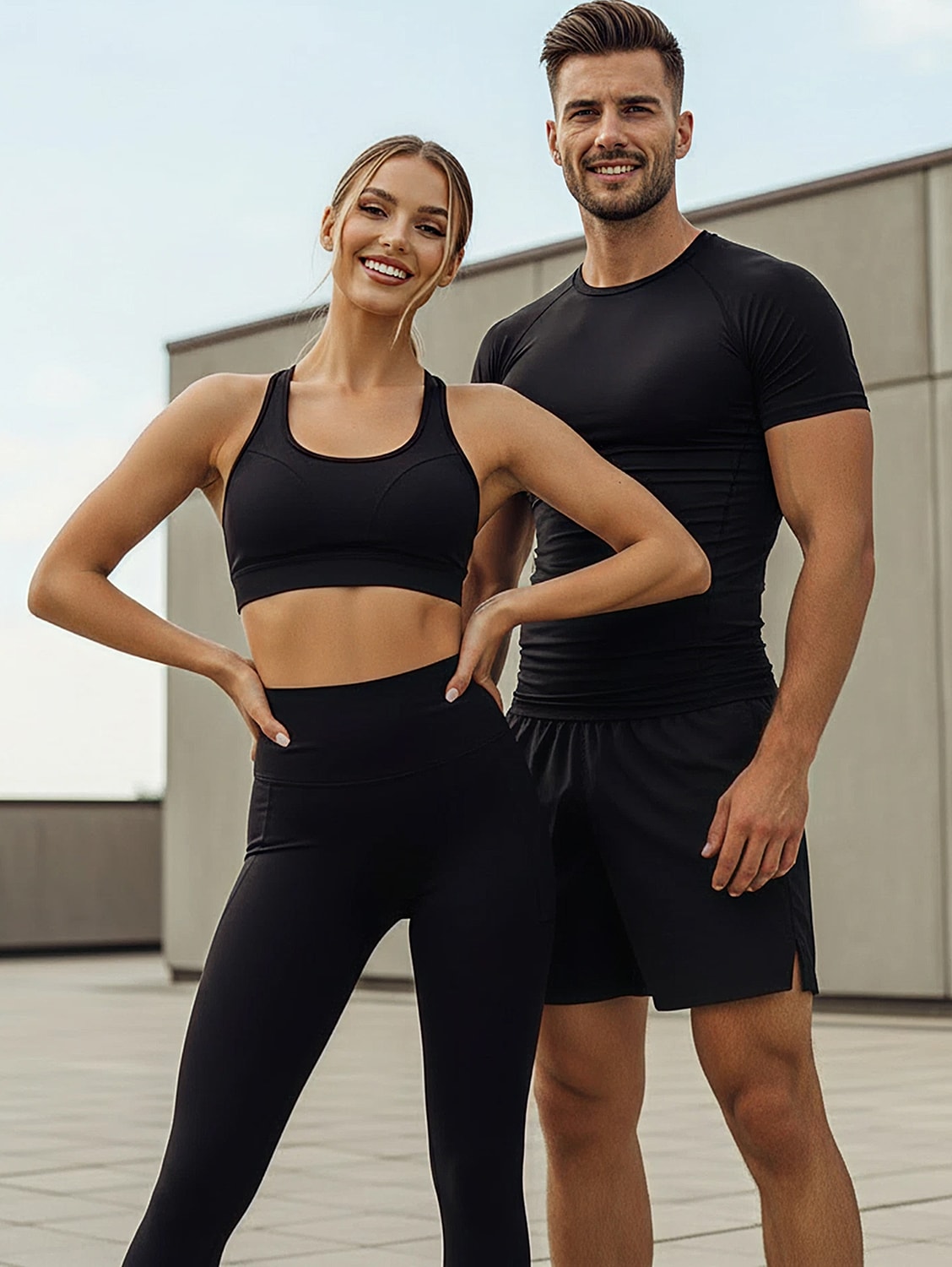 Couple in black activewear outdoors, smiling together.
