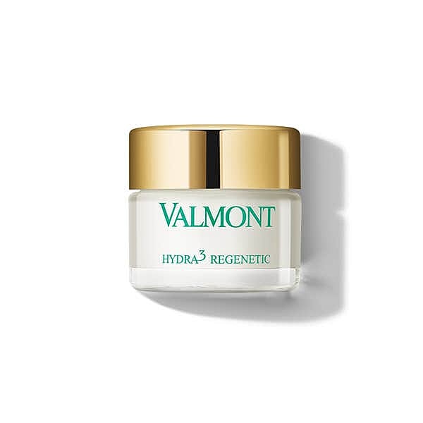 Valmont Hydra3 Regeneretic cream jar with gold lid.