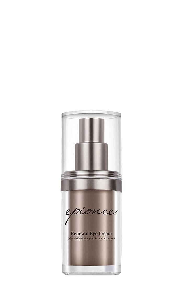 Eye cream in a clear pump bottle.