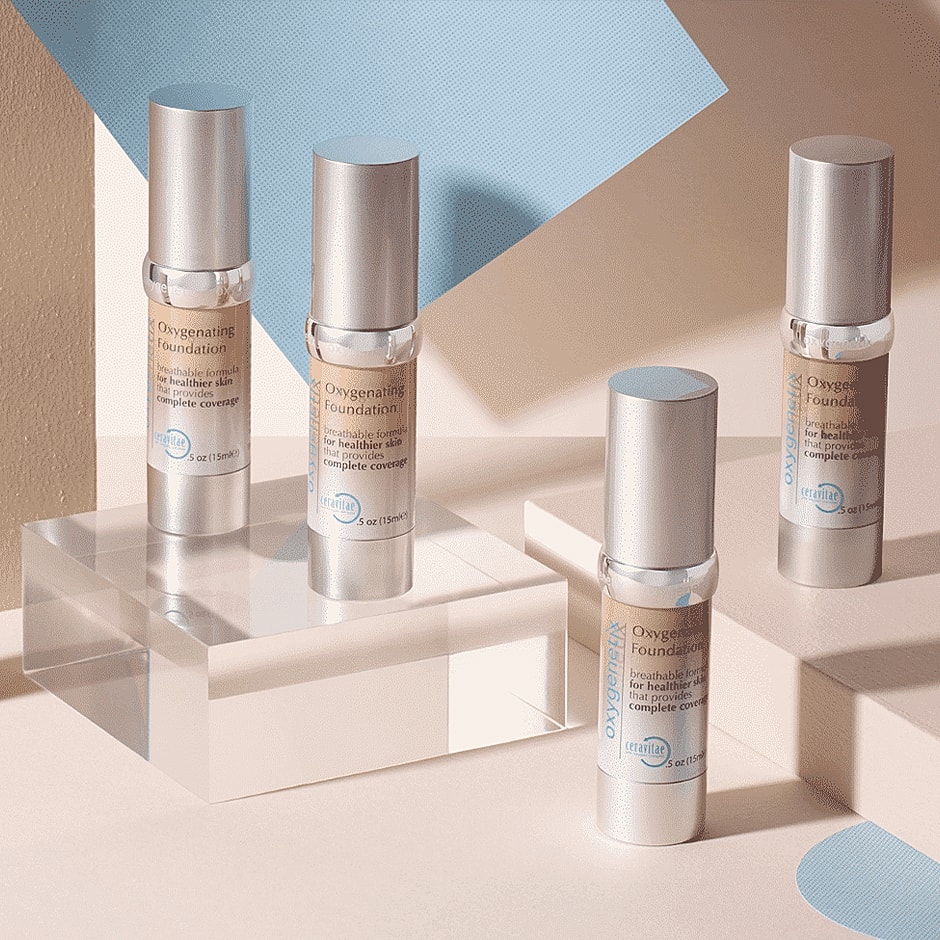 Oxygenating foundation products on display.