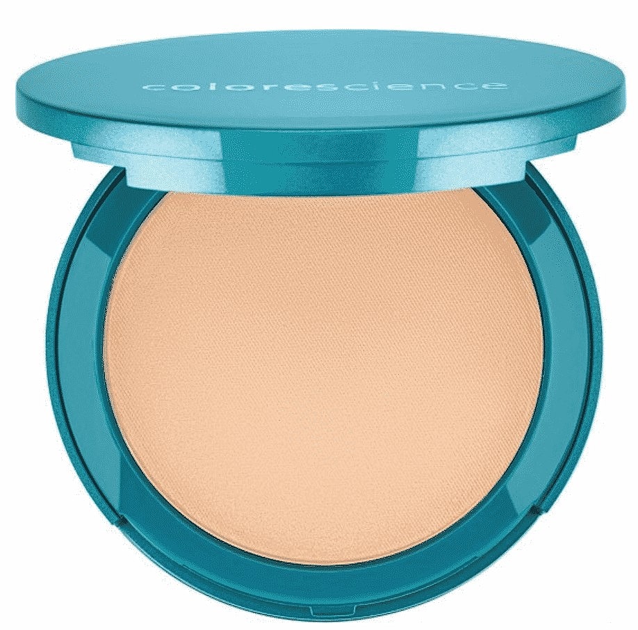 Pressed powder compact with turquoise packaging.