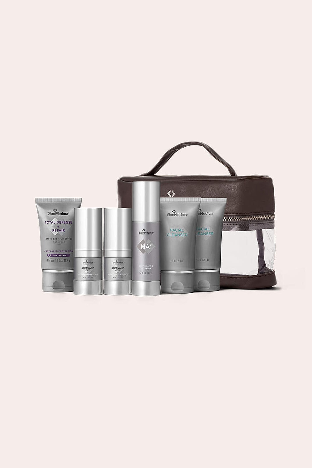 Skincare products in a travel bag set.