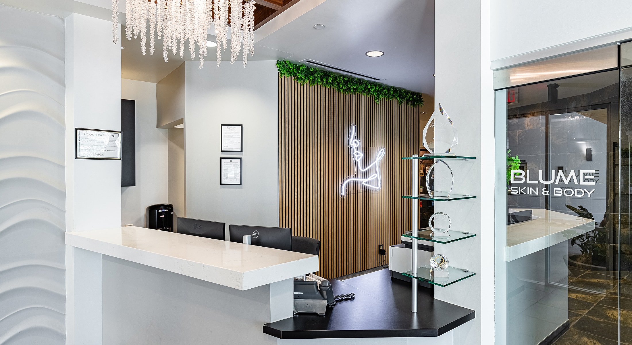 Modern reception area of a skin and body clinic.