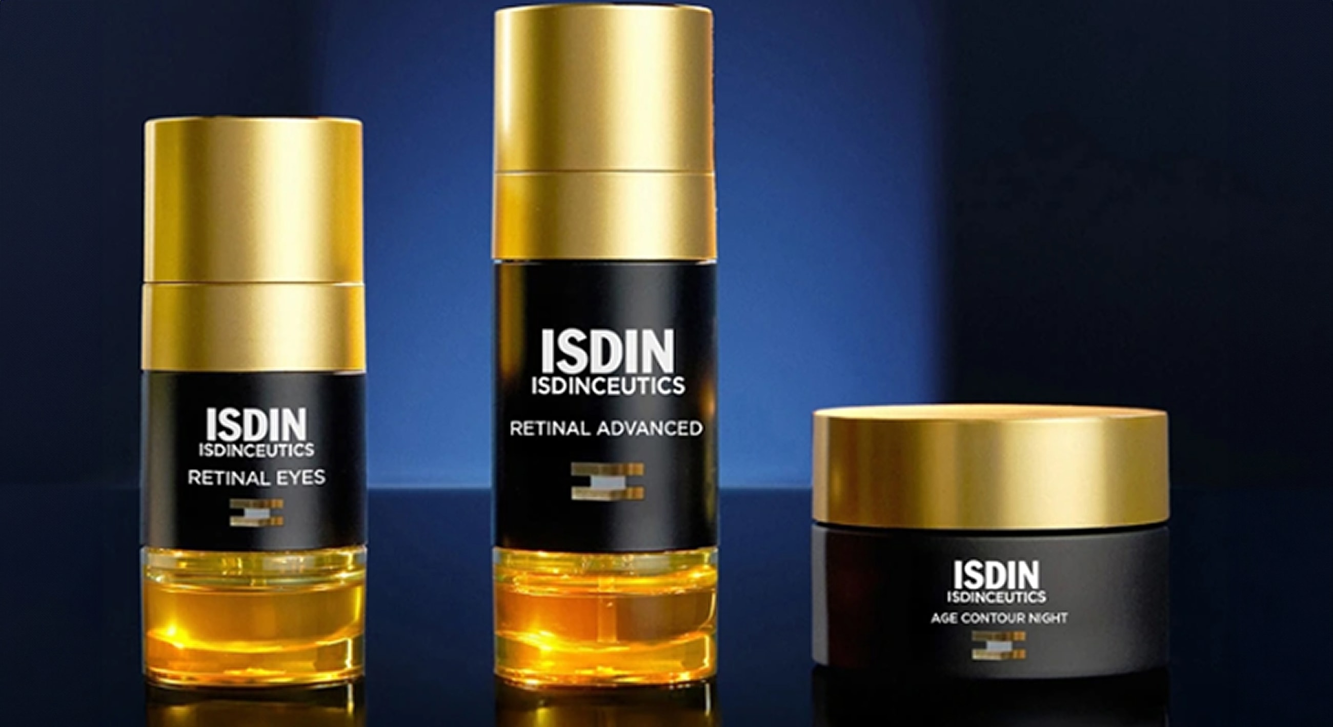 ISDIN skincare products in elegant packaging displayed.