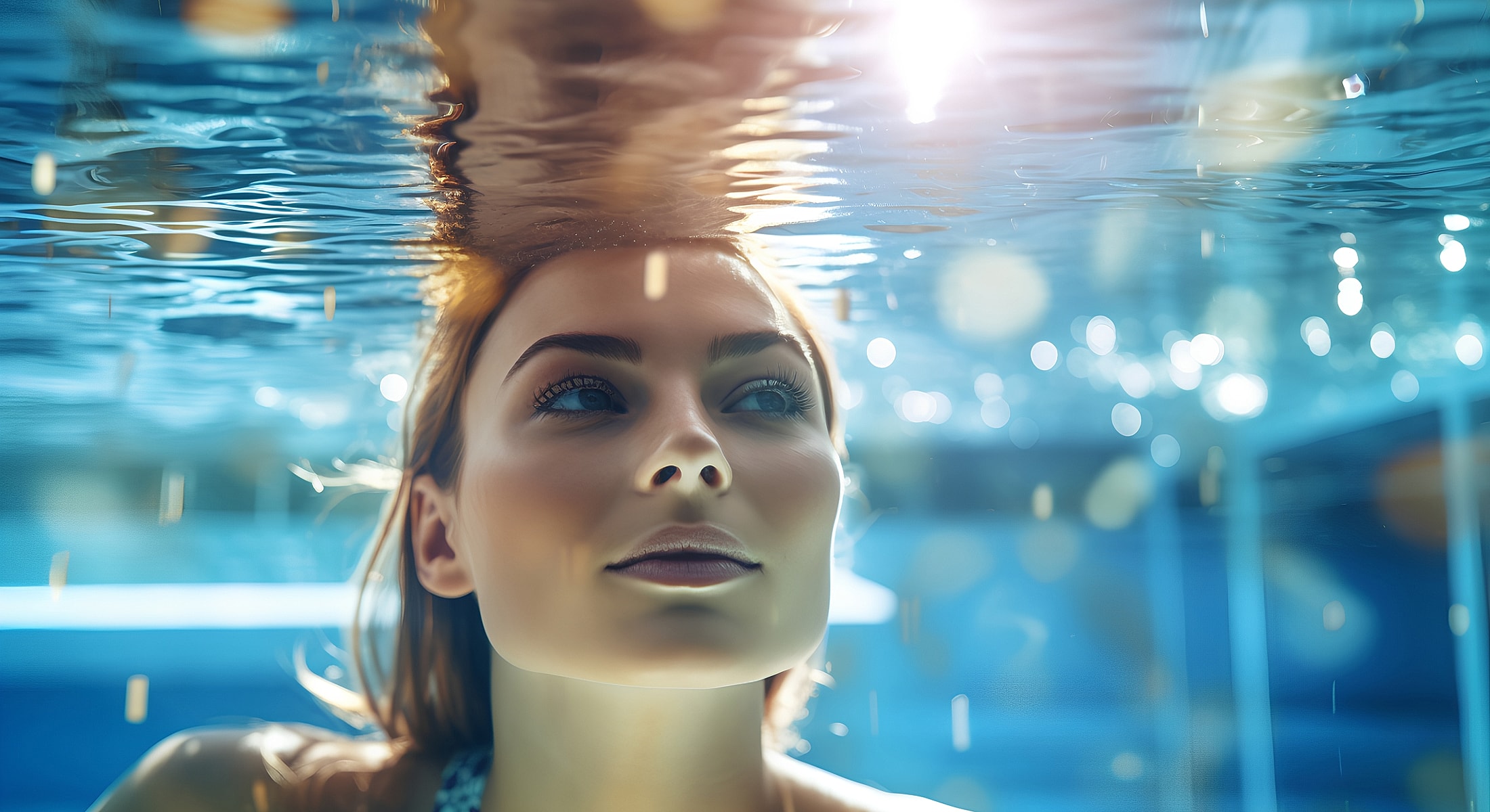 Woman underwater with light reflections and bubbles.